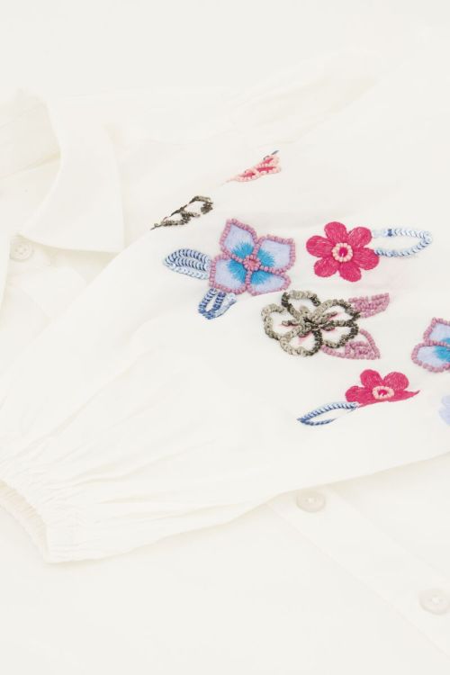 White blouse with blue beaded flowers | My Jewellery