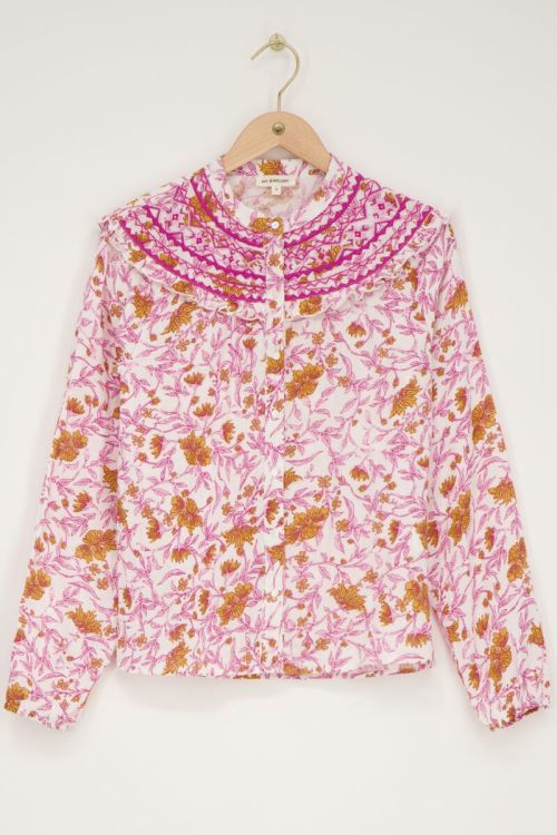 White blouse with pink floral print and embroidery | My Jewellery