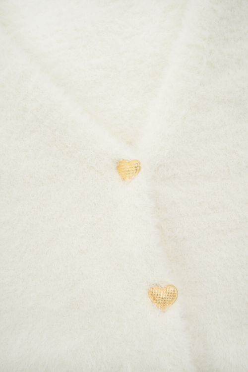 White cardigan with gold-coloured heart buttons | My Jewellery