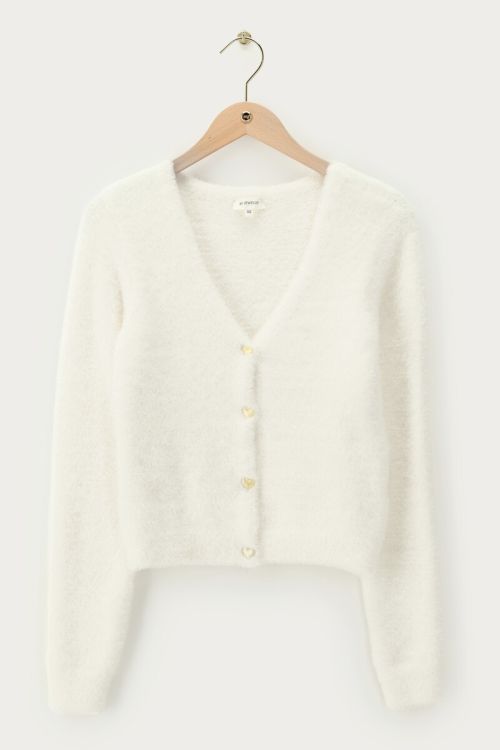White cardigan with gold-coloured heart buttons | My Jewellery