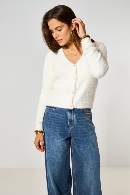 White cardigan with gold-coloured heart buttons | My Jewellery