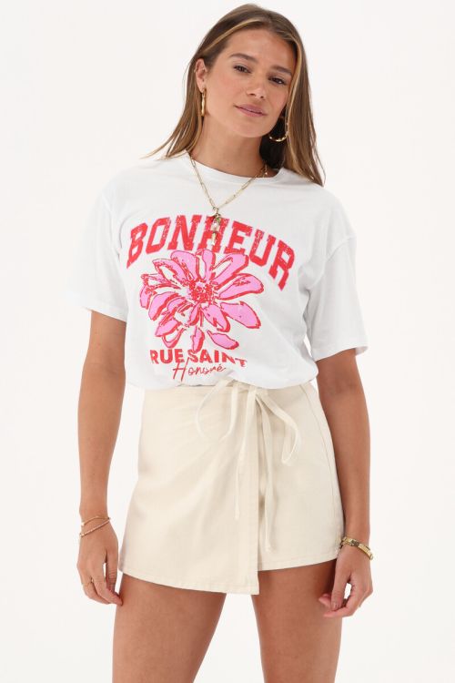 Beige denim skort met overslag & strik detail 