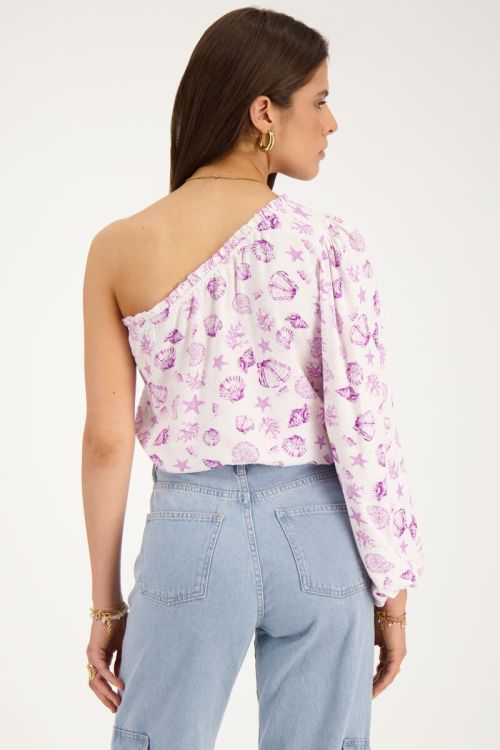White one-shoulder top with purple sea print | My Jewellery