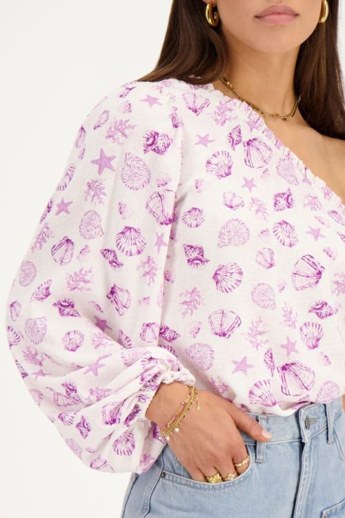 White one-shoulder top with purple sea print | My Jewellery