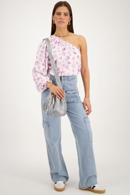 White one-shoulder top with purple sea print | My Jewellery