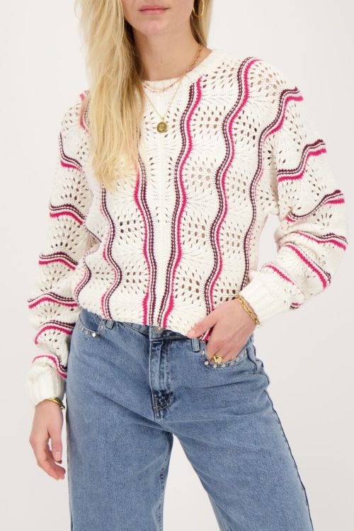 White sweater ajour with red and pink stripes | My Jewellery