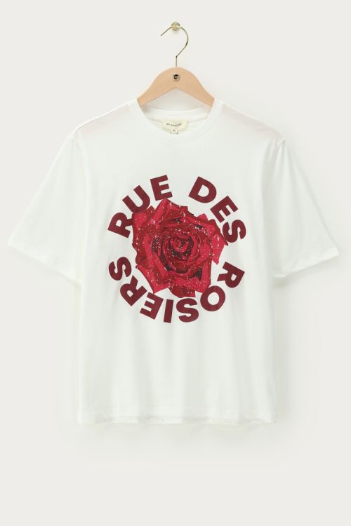 Weißes T-Shirt mit Rose "Rue des rosiers"