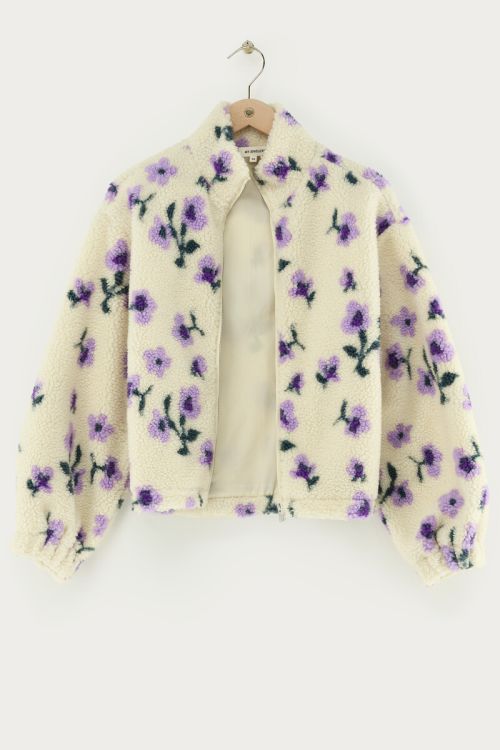 White teddy jacket with purple flowers | My Jewellery