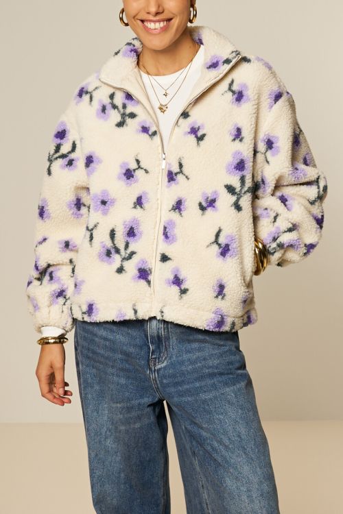 White teddy jacket with purple flowers | My Jewellery