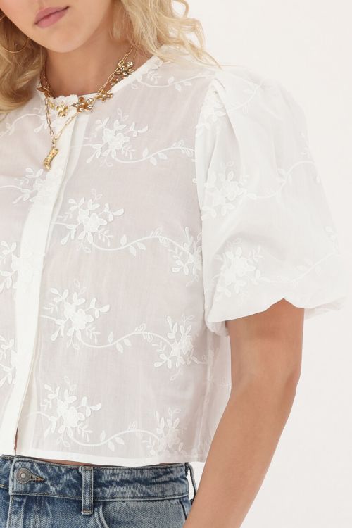 White top with puff sleeves & floral embroidery | My Jewellery