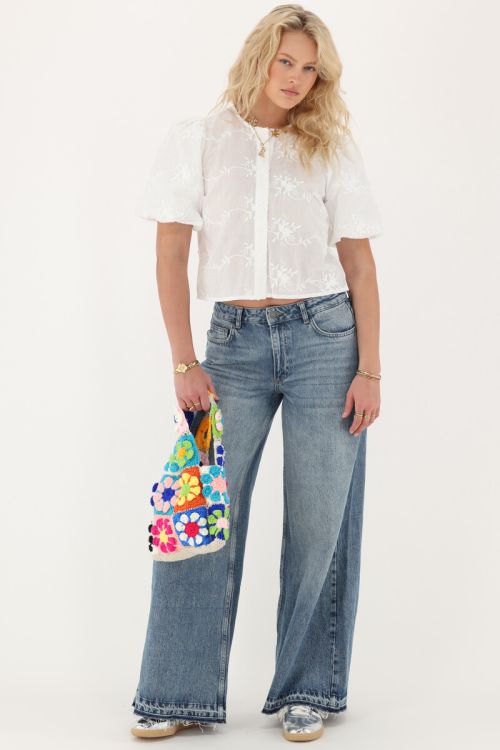 White top with puff sleeves & floral embroidery | My Jewellery