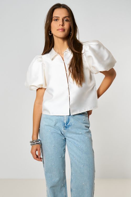 White top with short puff sleeves in satin look | My Jewellery