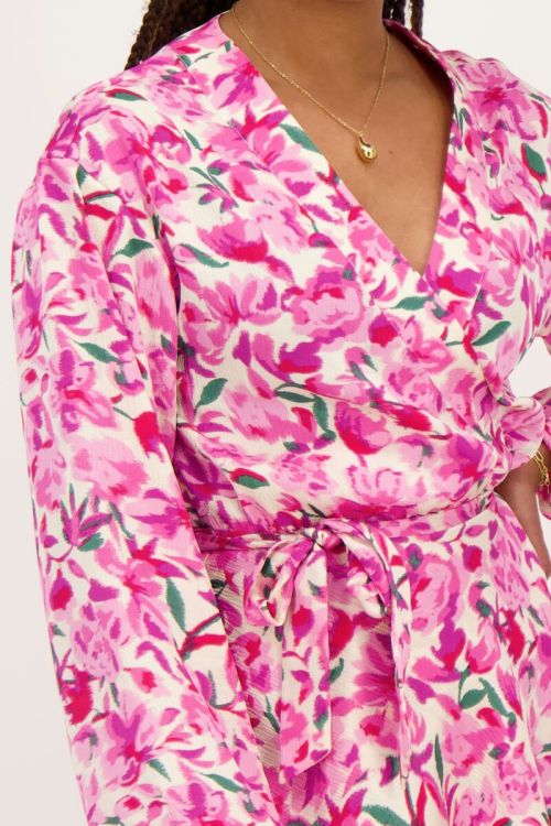 White wrap dress with pink floral print | My Jewellery
