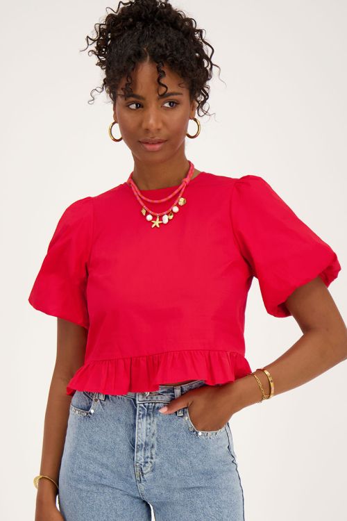 Puff-sleeved red blouse with bows on the back | My Jewellery
