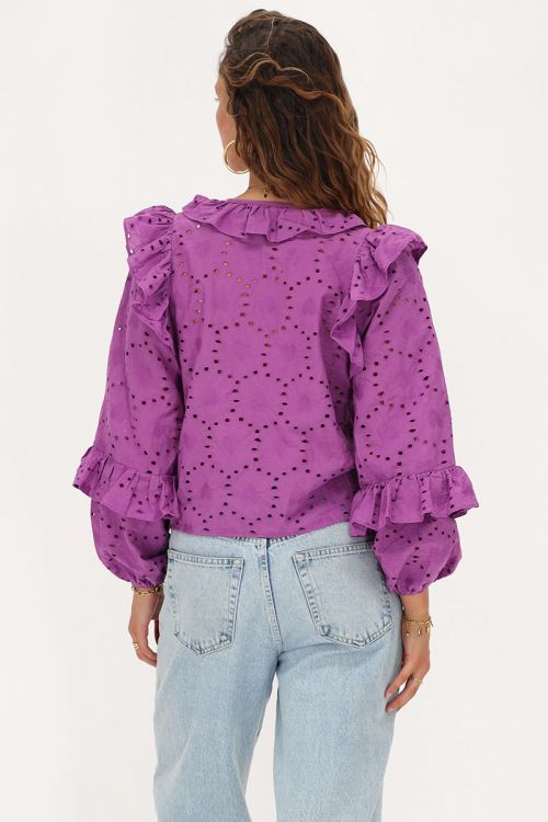 Purple blouse with all-over embroidery and bows | My Jewellery