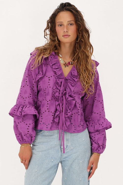 Purple blouse with all-over embroidery and bows | My Jewellery