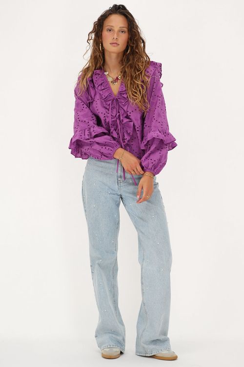 Purple blouse with all-over embroidery and bows | My Jewellery