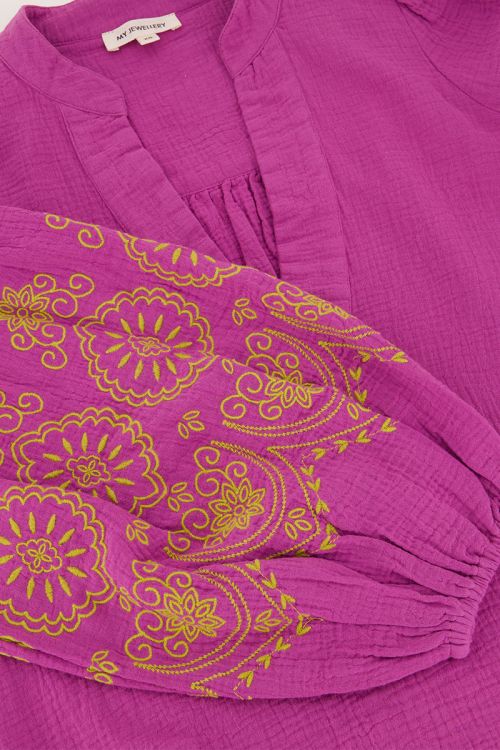 Purple embroidery blouse with V-neckline & puff sleeves | My Jewellery