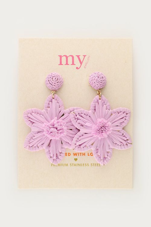Purple statement earrings with raffia flower | My Jewellery