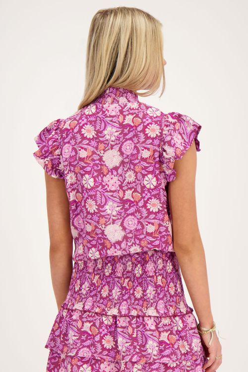Purple top with pink floral print and smock | My Jewellery