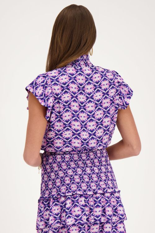 Blue smock top with pink print | My Jewellery