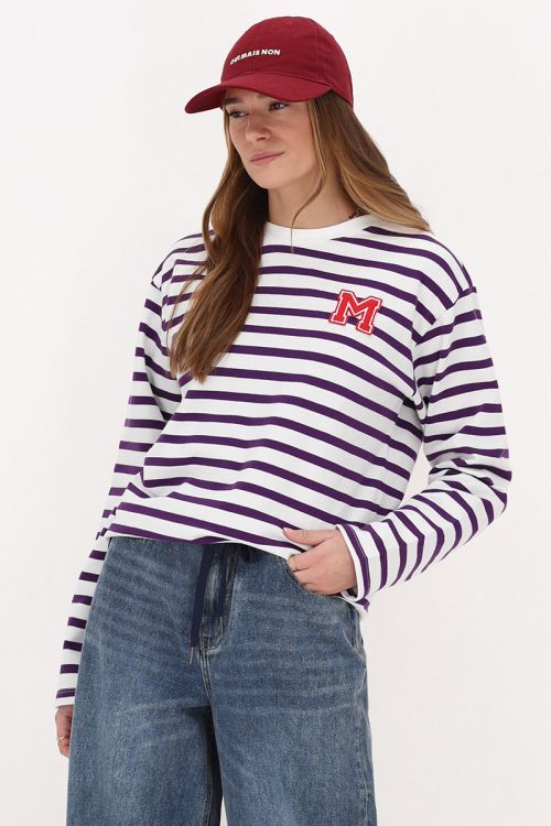 Purple and white striped long sleeve T-shirt with M patch | My Jewellery