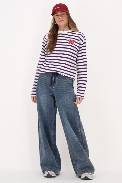Purple and white striped long sleeve T-shirt with M patch | My Jewellery