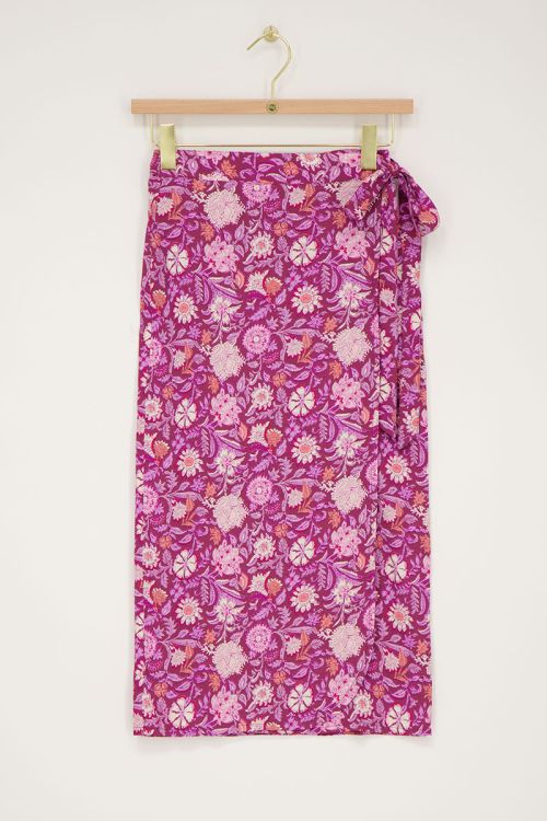 Purple midi wrap skirt with pink floral print | My Jewellery