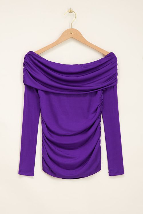 Purple shimmery off-shoulder top with draping | My Jewellery