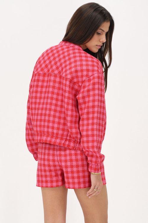 Red & pink oversized bomber jacket with checks | My Jewellery
