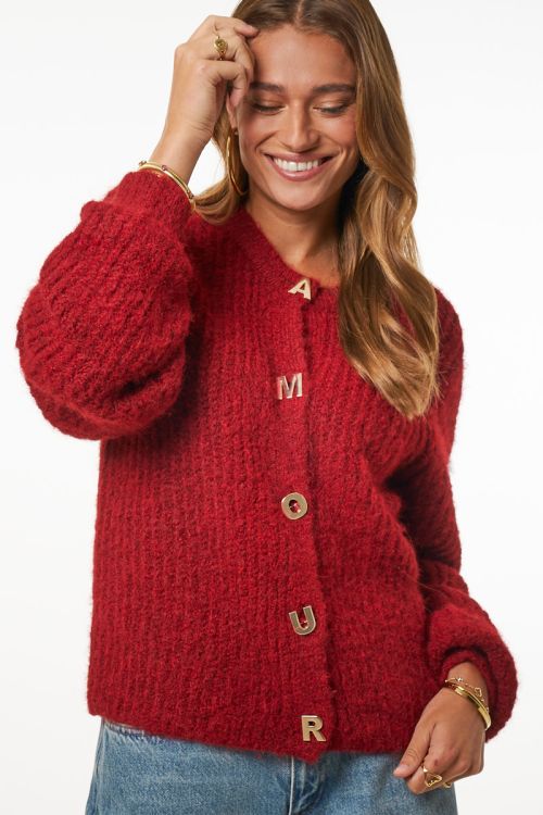 Red knitted cardigan with l'amour buttons | My Jewellery