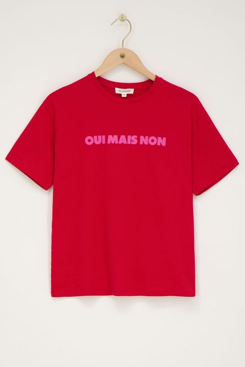 Rood T-shirt met roze "Oui mais non"