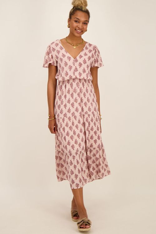 Roze maxi jurk met diepe V-hals & print | My Jewellery