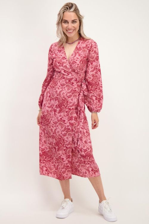 Roze midi jurk met rode bloemen