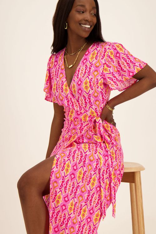 Roze midi wikkeljurk met aztec print | My Jewellery