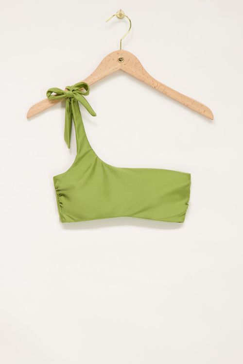 Shiny green one-shoulder bikini top with knot