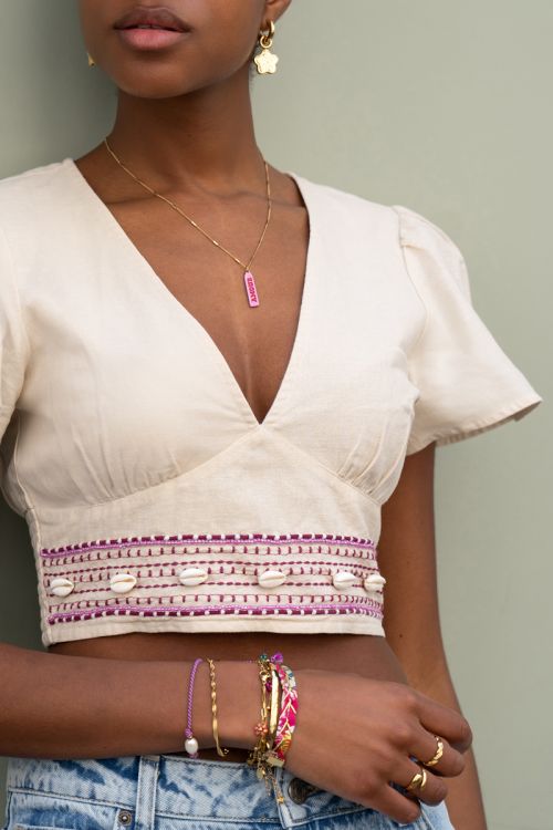 Beige linen look top with scallops  | My Jewellery