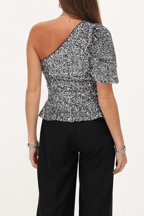 Silver one-shoulder top with puff sleeves | My Jewellery
