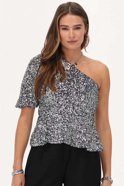 Silver one-shoulder top with puff sleeves | My Jewellery