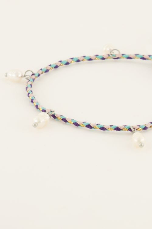 Souvenir gevlochten blauwe armband met parels