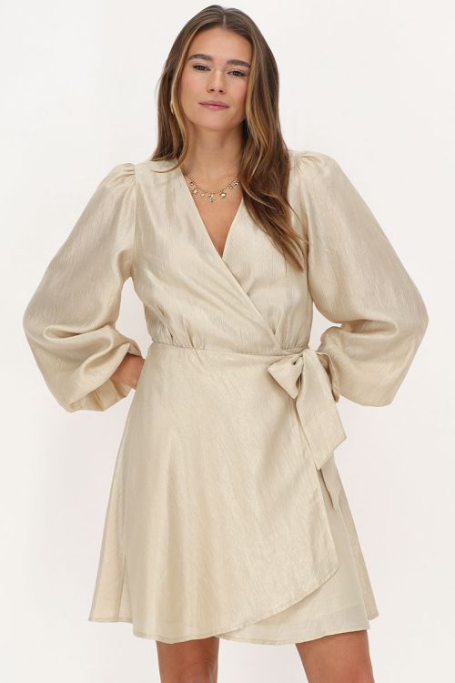 Taupe dress with overlap satin look | My Jewellery