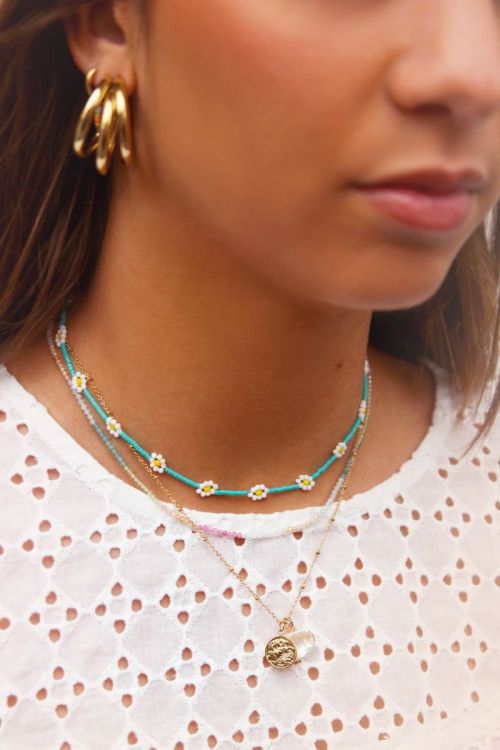 turquoise choker madeliefjes, kralen choker