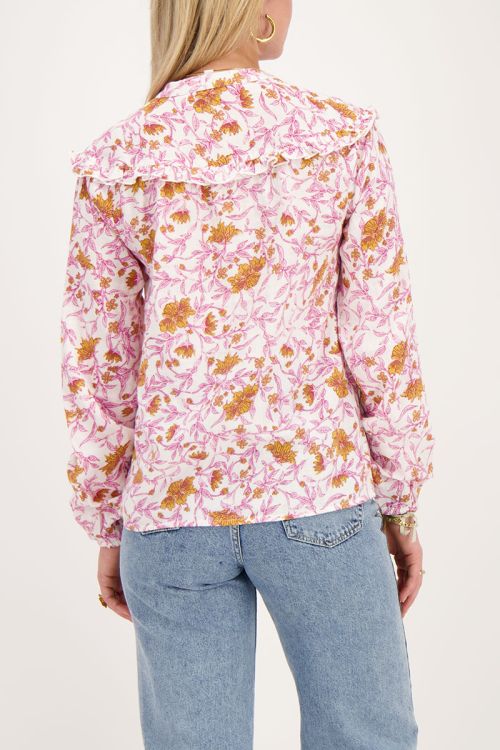 White blouse with pink floral print and embroidery | My Jewellery