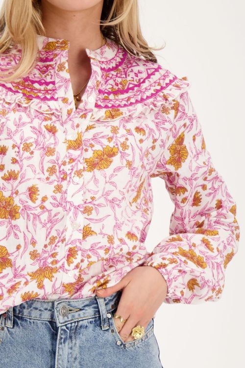 White blouse with pink floral print and embroidery | My Jewellery