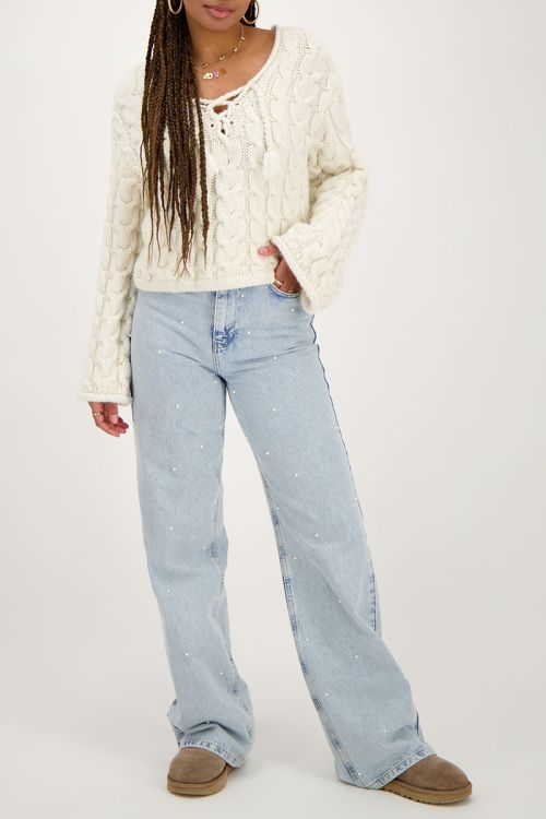 White cable knit sweater with drawstring | My Jewellery