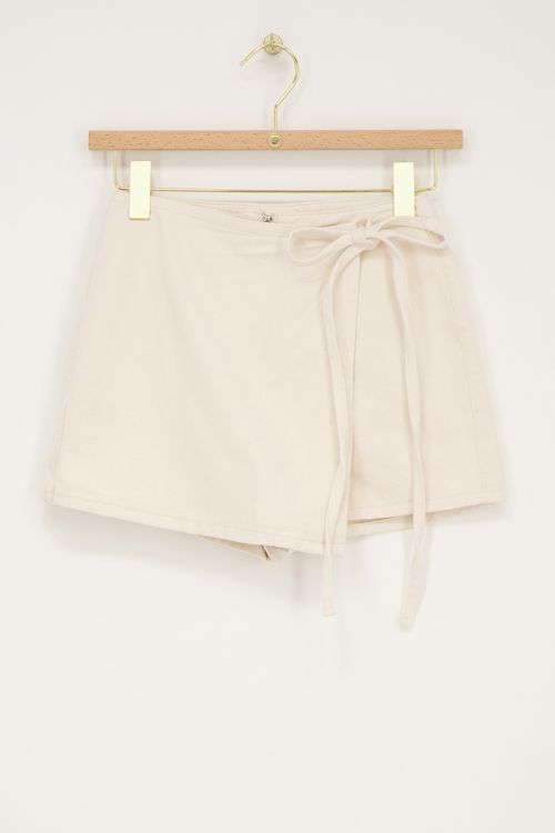 Beige denim skort met overslag & strik detail 