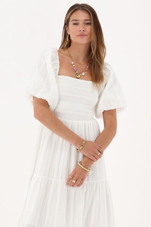 White maxi dress with smock and puff sleeves | My Jewellery