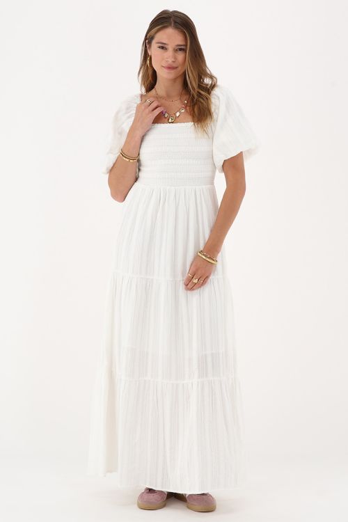 White maxi dress with smock and puff sleeves | My Jewellery