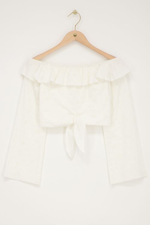 White off-shoulder top with embroidery and bow detail