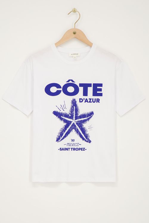 White T-shirt with blue "Cote d'azur"